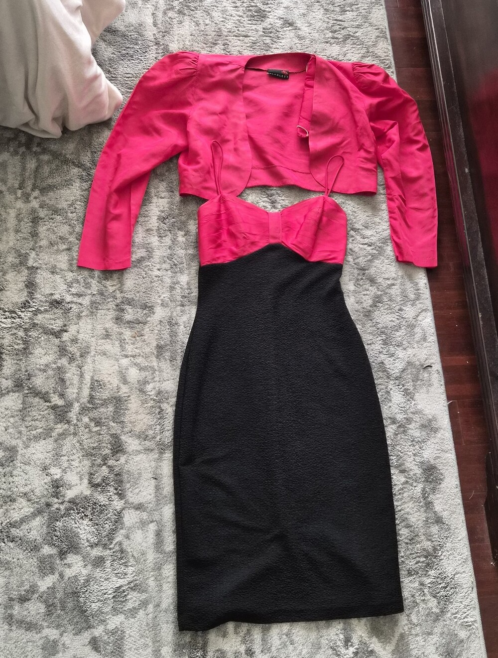 Vintage 80s Hot Pink & Black Two-Piece Dress Set Cropped Blazer
